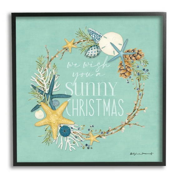 Stupell Industries Wish You A Sunny Christmas Wreath Holiday Painting Black Framed Art Print Wall Art