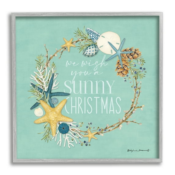 Stupell Industries Wish You A Sunny Christmas Wreath Holiday Painting Gray Framed Art Print Wall Art