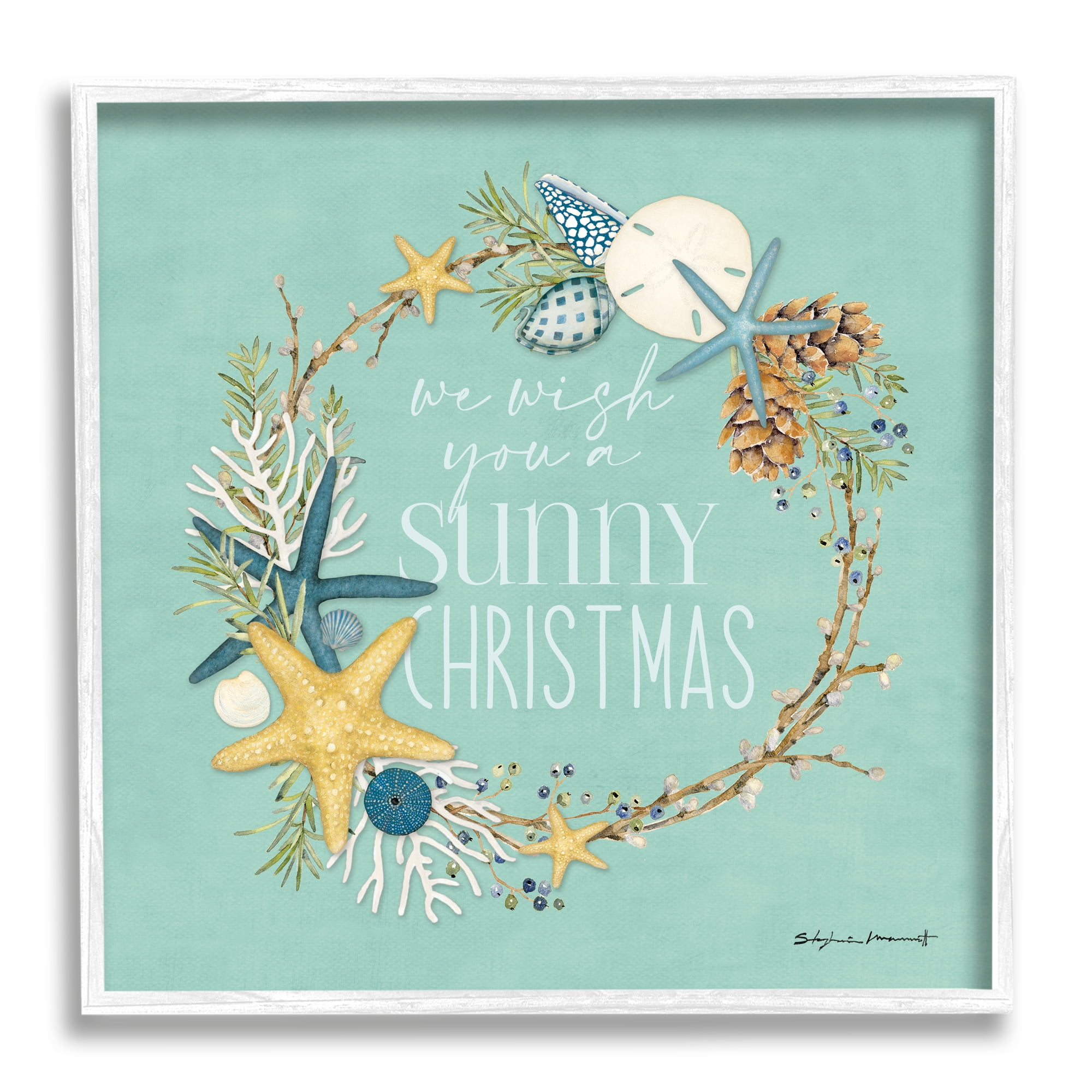 Stupell Industries Wish You A Sunny Christmas Wreath Holiday Painting White Framed Art Print Wall Art