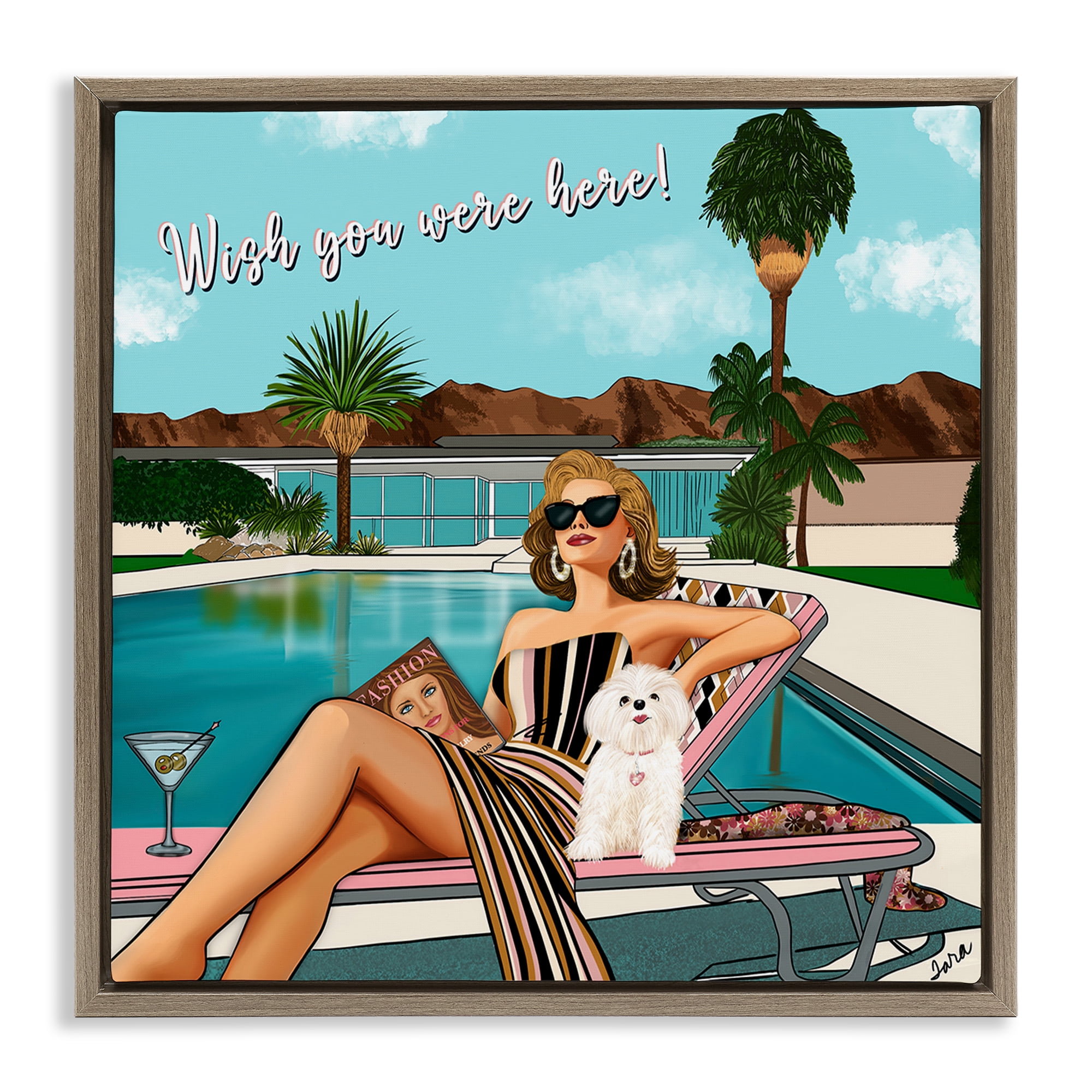 Stupell Industries Wish You Were Here Palm Springs Brown Framed Floater Canvas Wall Art, design by Tara Boone