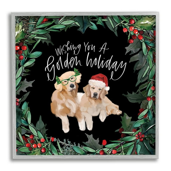 Stupell Industries Wishing You a Golden Holiday Phrase Pet Dogs Animals & Insects Painting Gray Framed Art Print Wall Art, 12 x 12