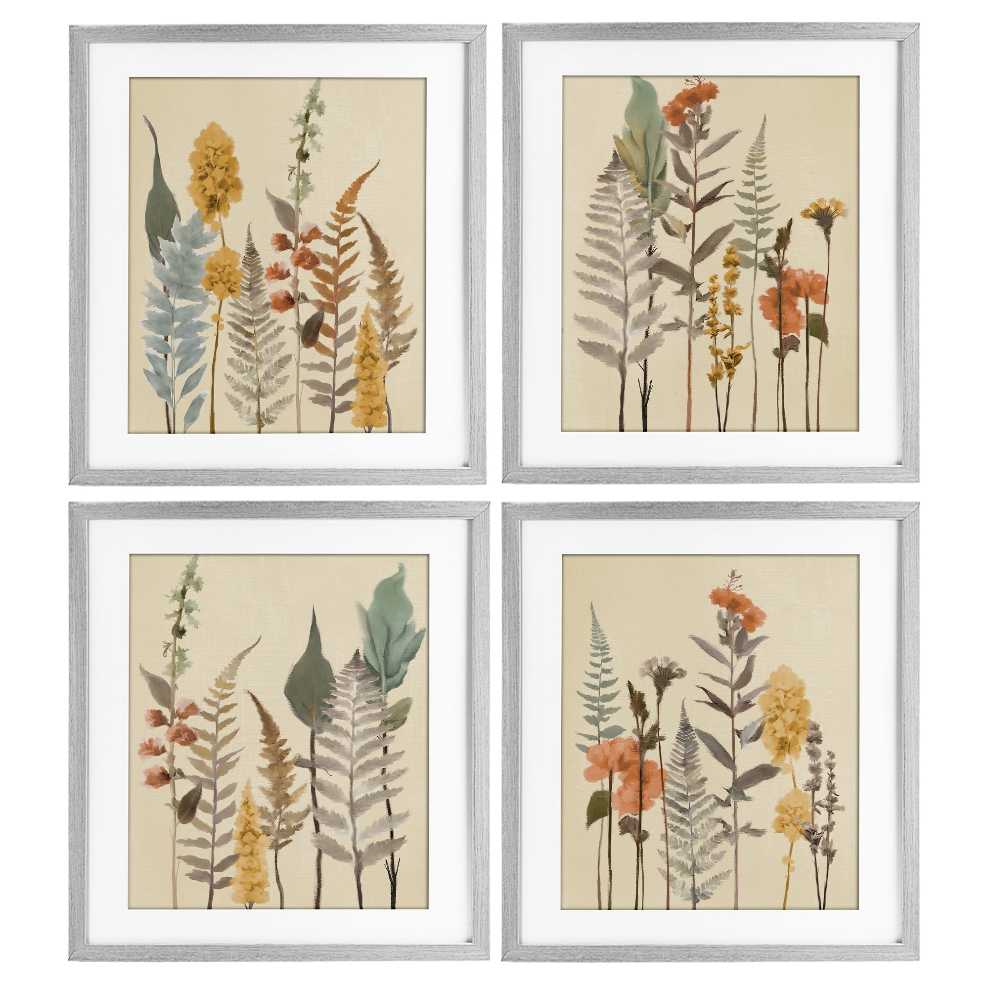 Stupell Industries Wispy Earthy Botanicals 4 Piece Gray Framed Print Under Glass Set, design by Elizabeth Medley