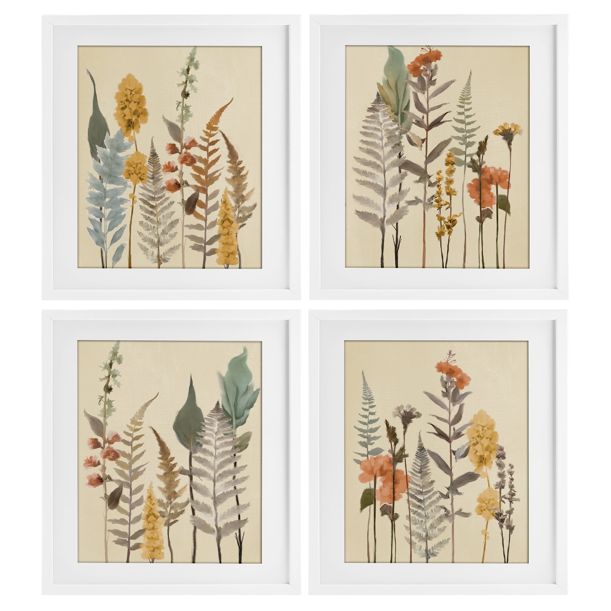 Stupell Industries Wispy Earthy Botanicals 4 Piece White Framed Print Under Glass Set, design by Elizabeth Medley