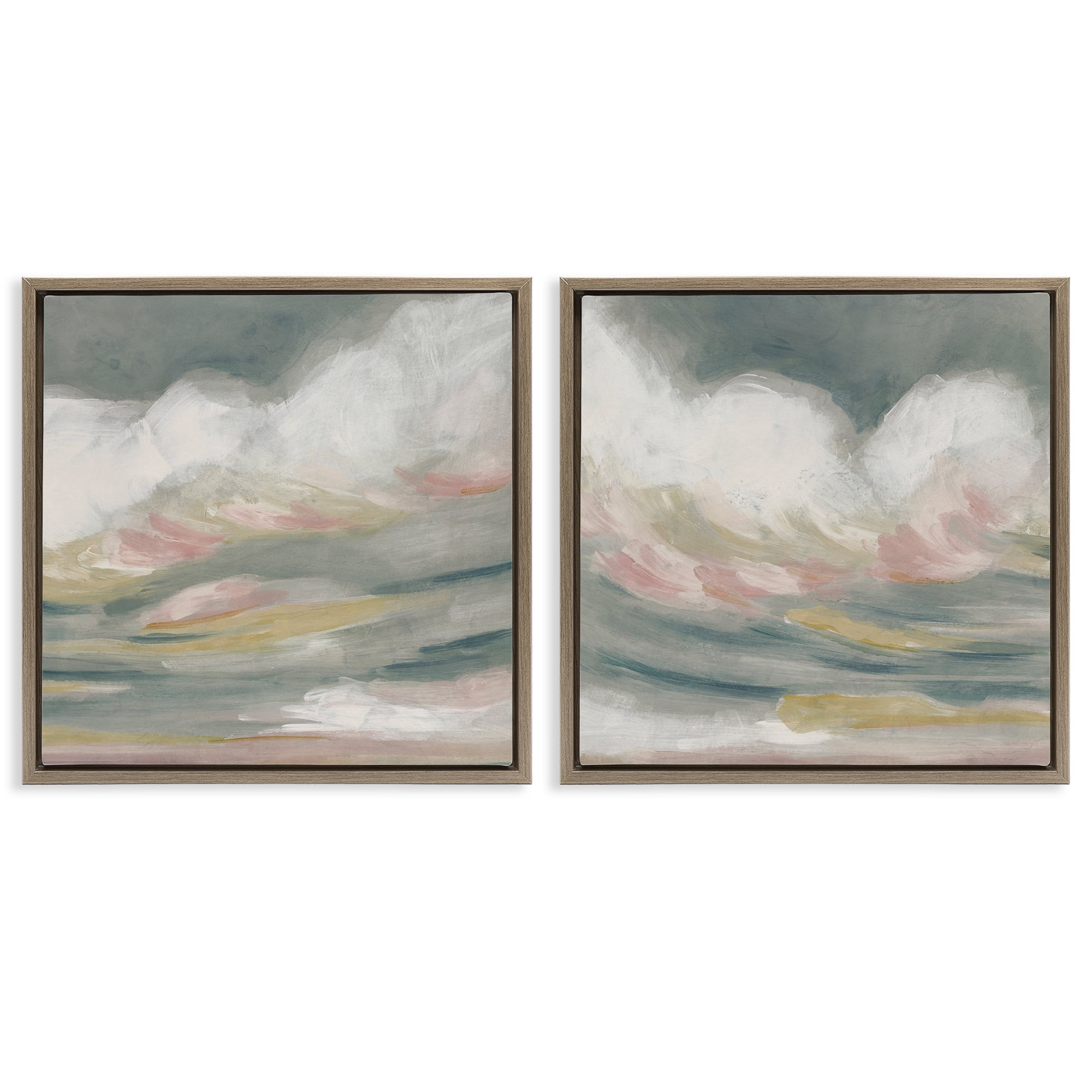 Stupell Industries Wispy Pink Mountains Abstract Painting Brown Floater Framed Canvas Art Print Wall Art, 18 x 18, Set of 2