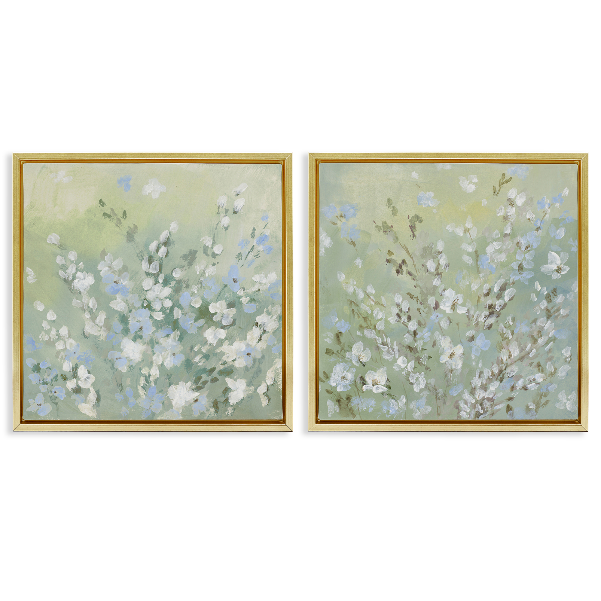 Stupell Industries Wispy Willows Blooms Floral & Botanical Painting Gold Floater Framed Canvas Art Print Wall Art, 18 x 18, Set of 2
