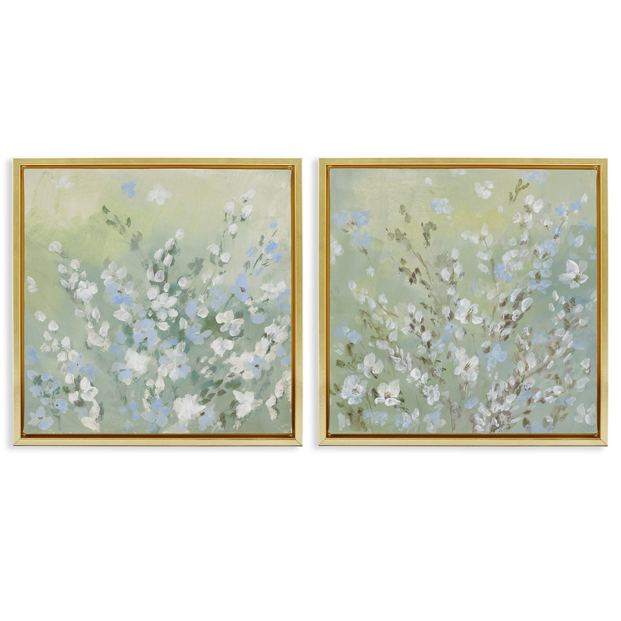 Stupell Industries Wispy Willows Blooms Floral & Botanical Painting Gold Floater Framed Canvas Art Print Wall Art, 25 x 25, Set of 2