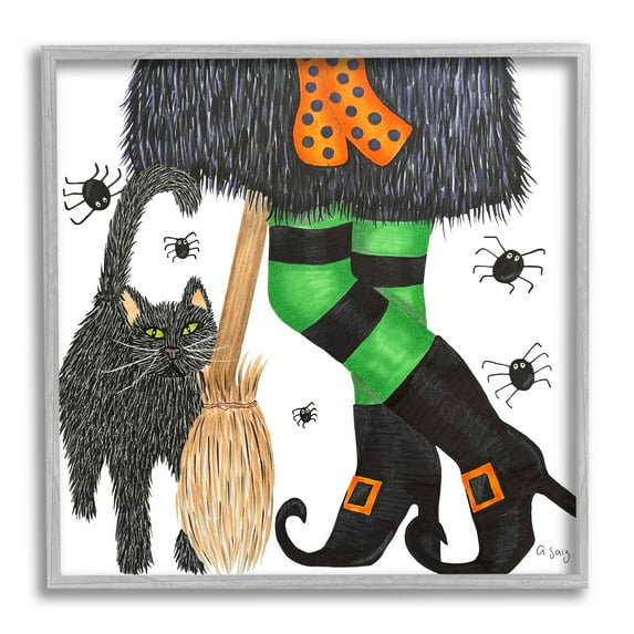 Stupell Industries Witch Broom Halloween Black Cat Holiday Painting Gray Framed Art Print Wall Art