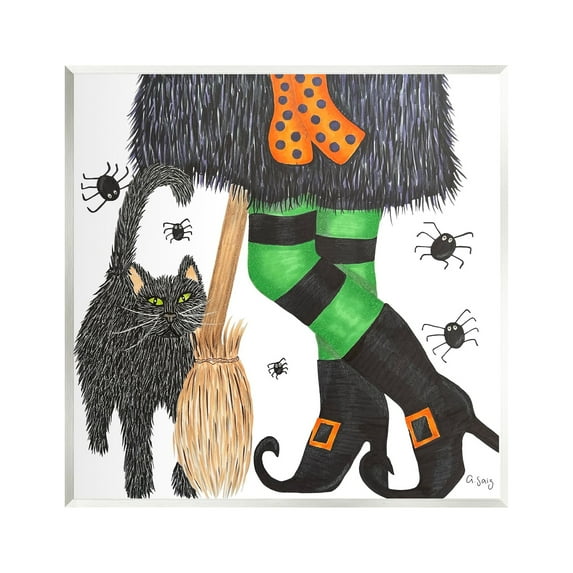 Stupell Industries Witch Broom Halloween Black Cat Holiday Painting Unframed Art Print Wall Art