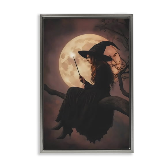 Stupell Industries Witch Casting Spell in Moonlight Gray Framed Floater Canvas Wall Art, design by Arlington Prints