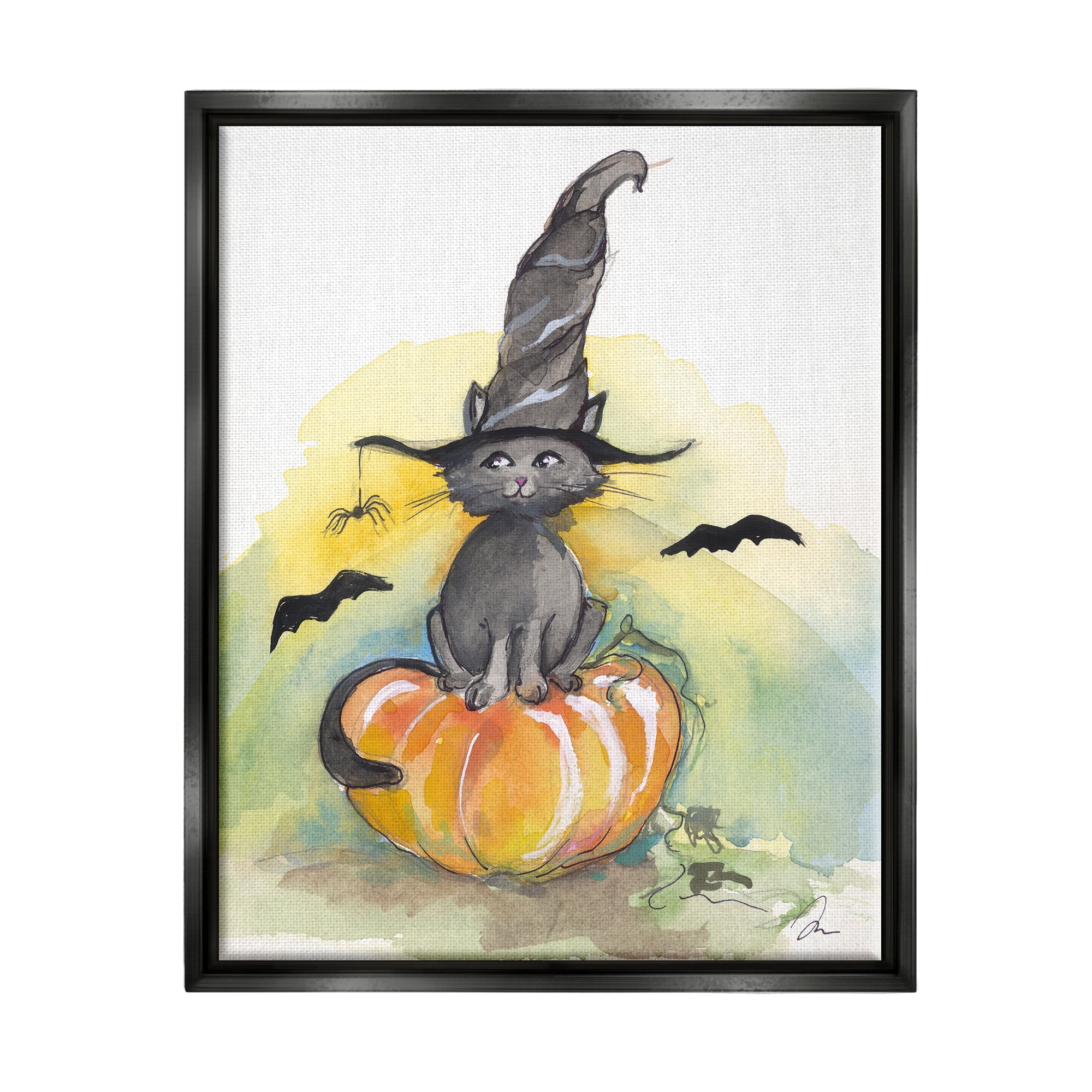 Stupell Industries Witch Cat on Pumpkin Holiday Painting Black Floater Framed Art Print Wall Art, 25 x 31
