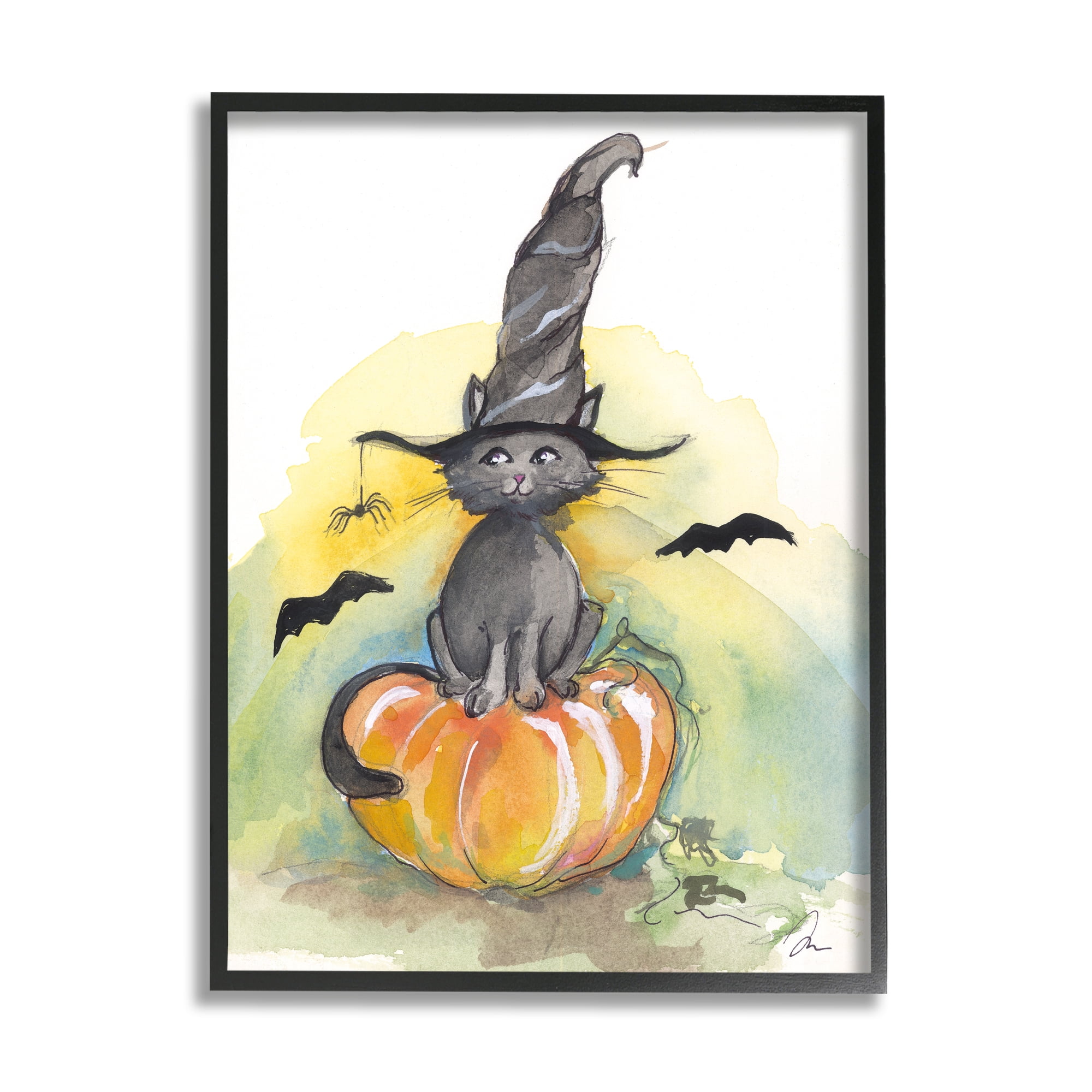 Stupell Industries Witch Cat on Pumpkin Holiday Painting Black Framed Art Print Wall Art, 24 x 30