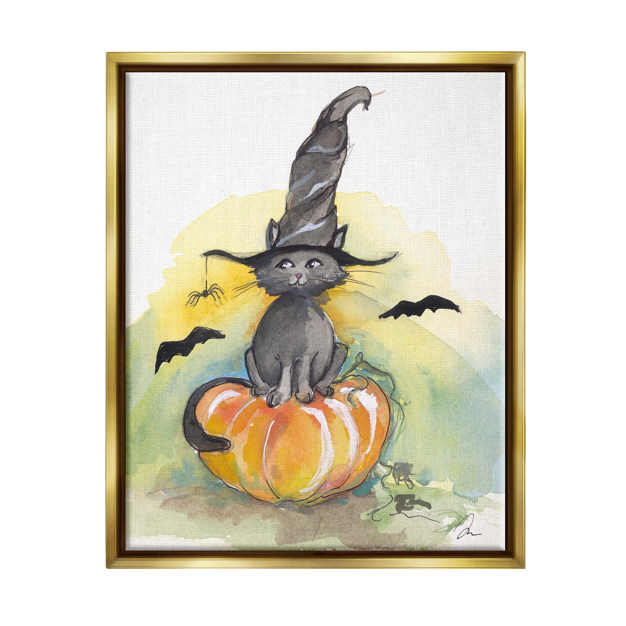 Stupell Industries Witch Cat on Pumpkin Holiday Painting Gold Floater Framed Art Print Wall Art, 17 x 21