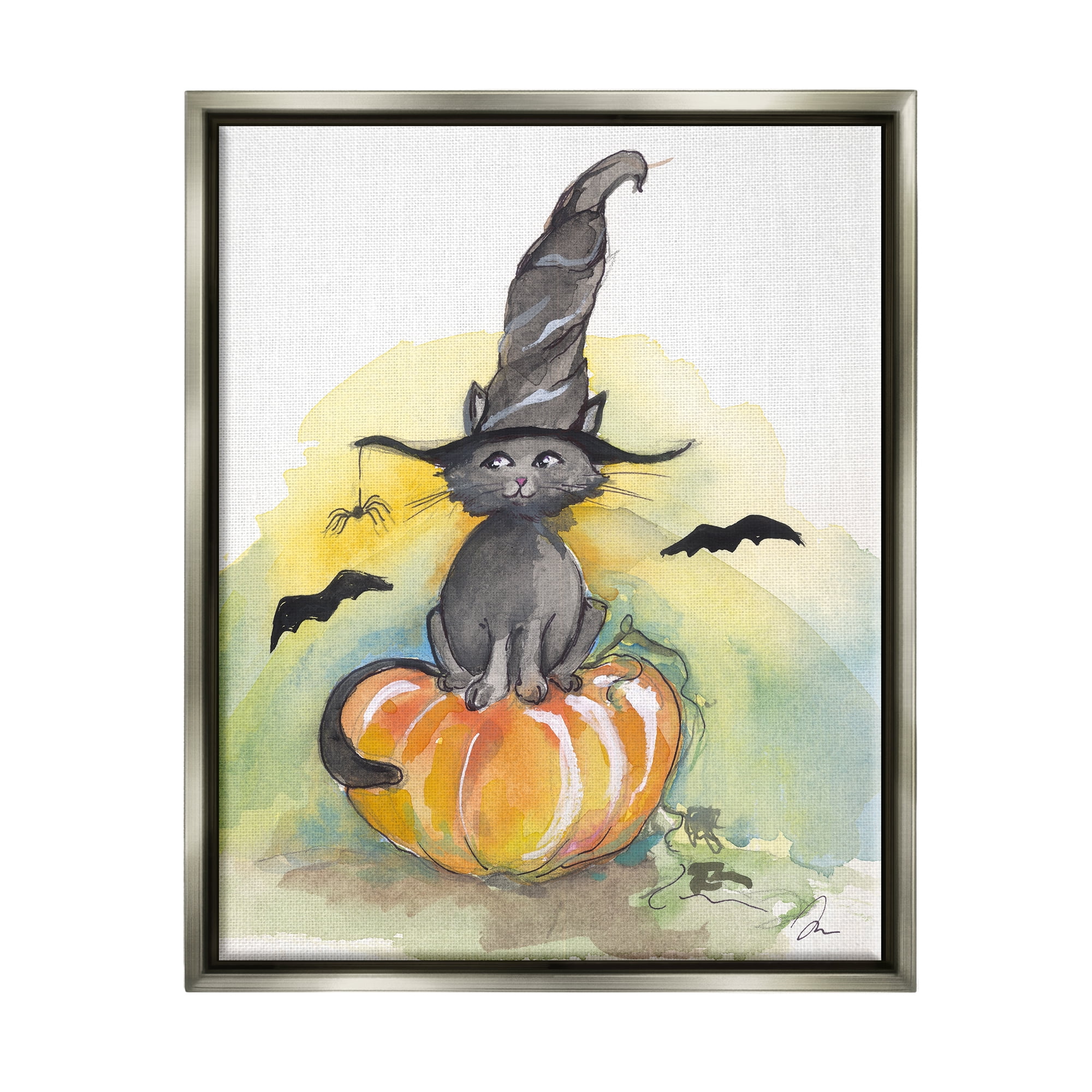 Stupell Industries Witch Cat on Pumpkin Holiday Painting Gray Floater Framed Art Print Wall Art, 25 x 31