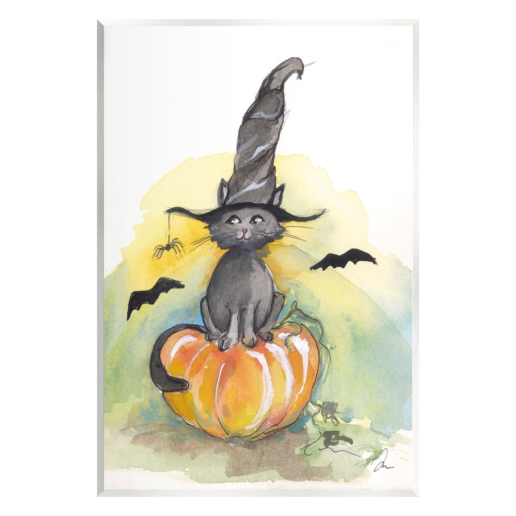 Stupell Industries Witch Cat on Pumpkin Holiday Painting Unframed Art Print Wall Art, 13 x 19