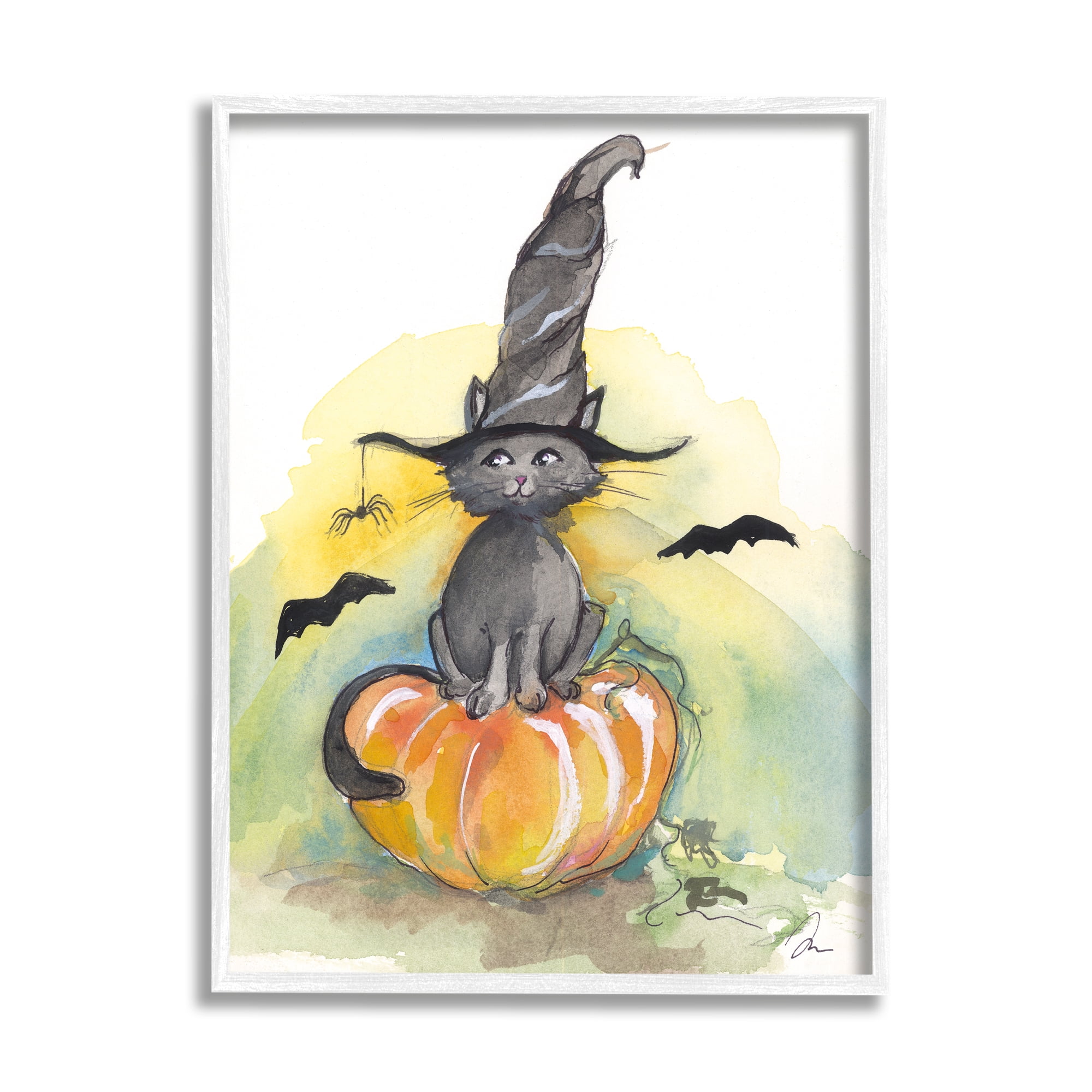 Stupell Industries Witch Cat on Pumpkin Holiday Painting White Framed Art Print Wall Art, 24 x 30