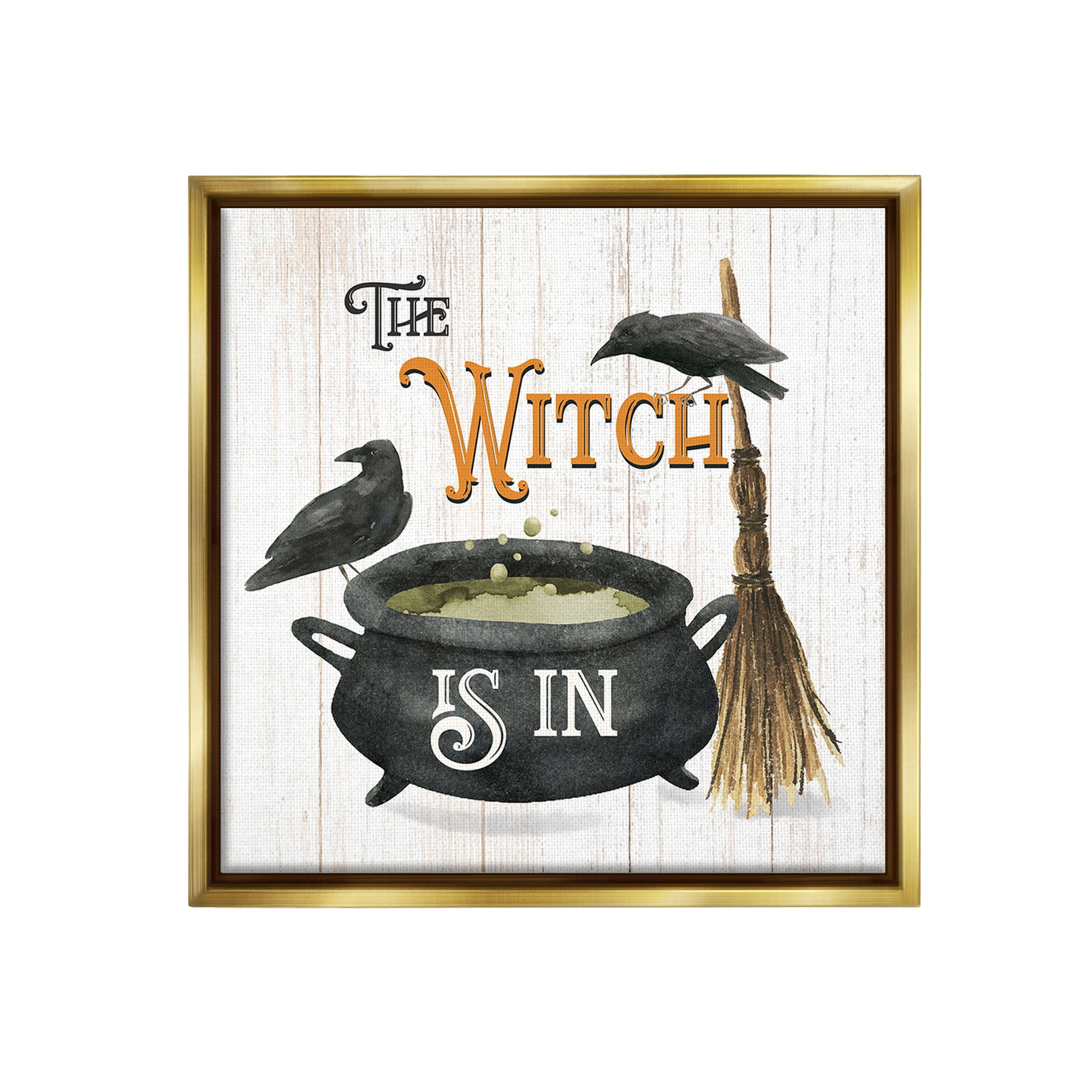 Stupell Industries Witch Cauldron & Crows Holiday Painting Gold Floater Framed Canvas Art Print Wall Art, 18 x 18