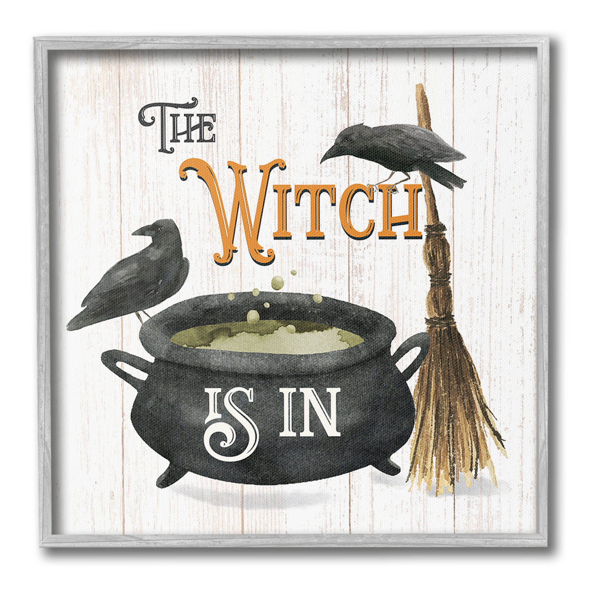 Stupell Industries Witch Cauldron & Crows Holiday Painting Gray Framed Art Print Wall Art, 24 x 24