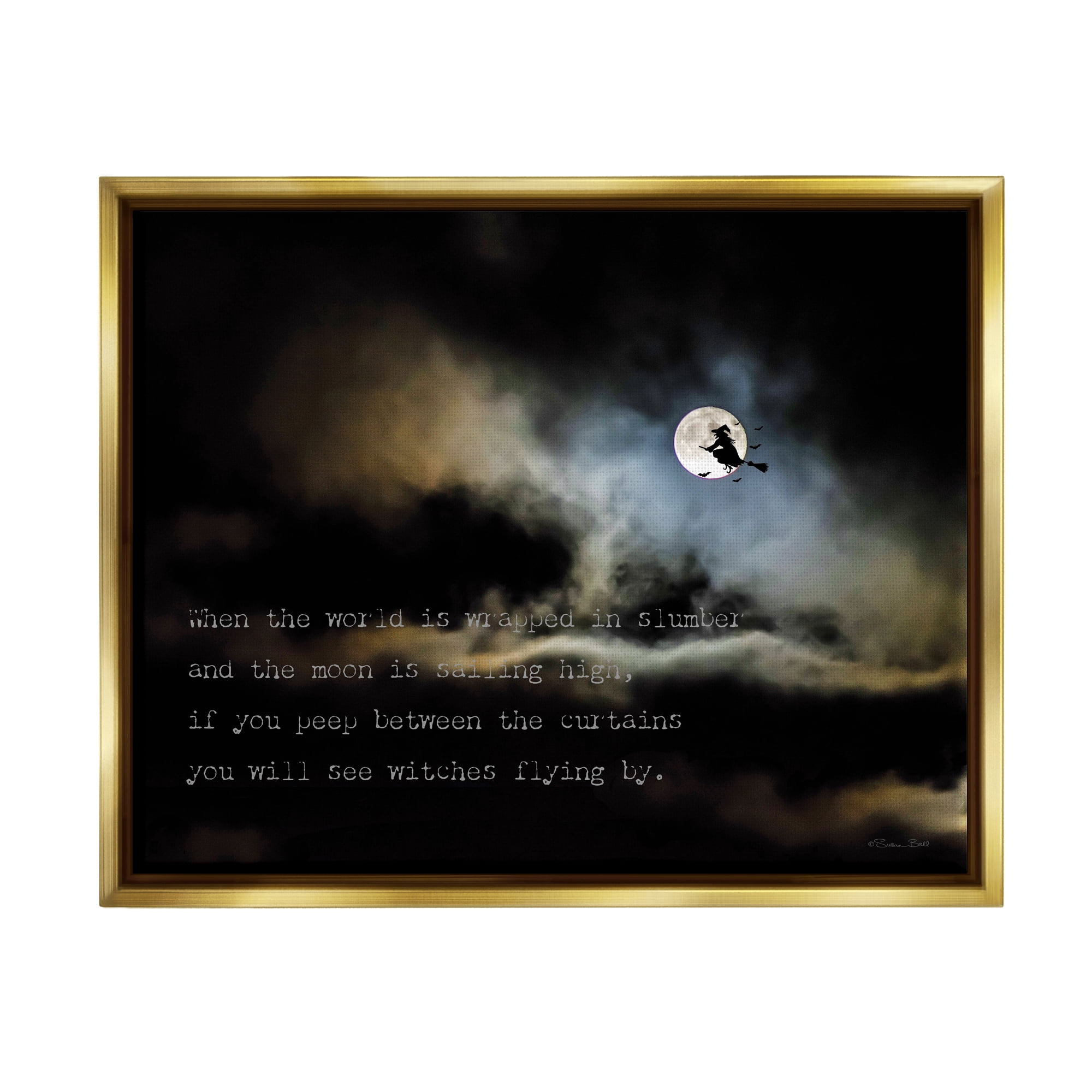 Stupell Industries Witch Flying By Moon Holiday Painting Gold Floater Framed Art Print Wall Art, 21 x 17