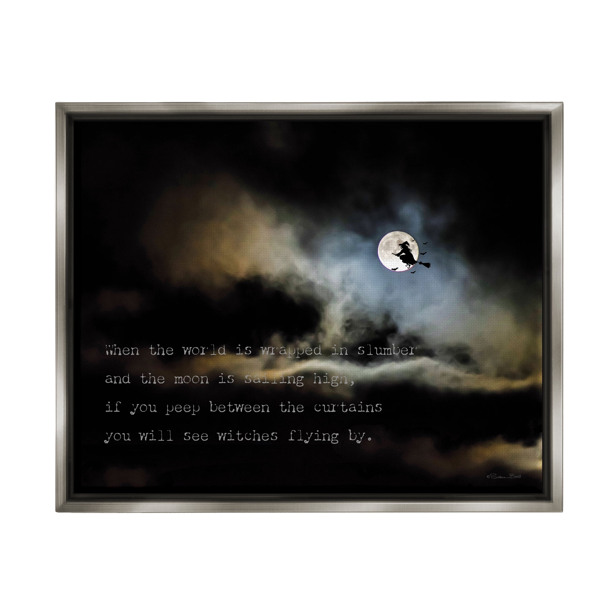 Stupell Industries Witch Flying By Moon Holiday Painting Gray Floater Framed Art Print Wall Art, 31 x 25