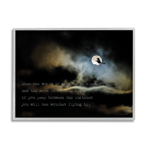 Stupell Industries Witch Flying By Moon Holiday Painting Gray Framed Art Print Wall Art, 30 x 24