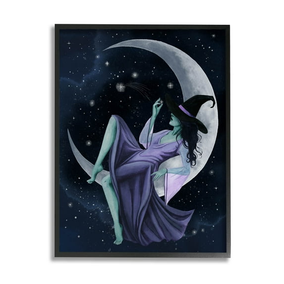 Stupell Industries Witch Relaxing Crescent Moon Painting Black Framed Art Print Wall Art, Design by Grace Popp