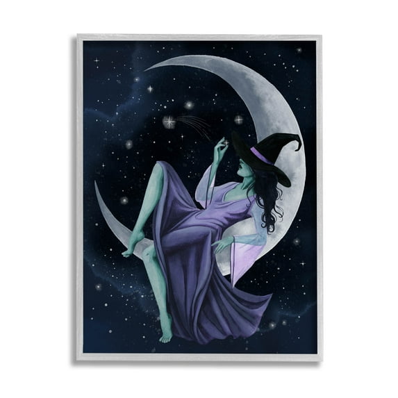 Stupell Industries Witch Relaxing Crescent Moon Painting Gray Framed Art Print Wall Art, Design by Grace Popp