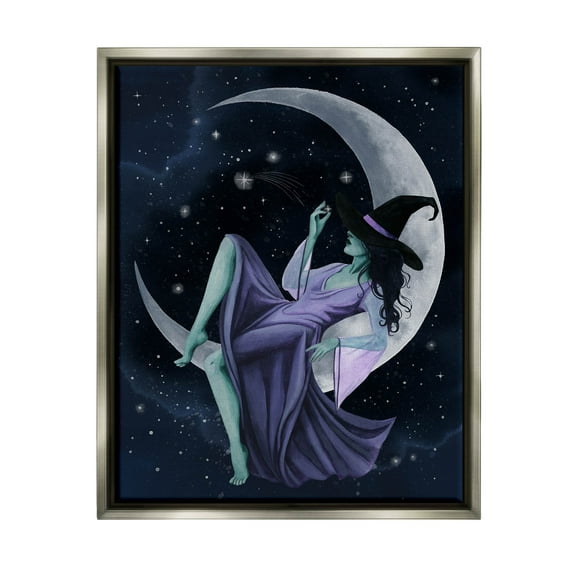 Stupell Industries Witch Relaxing Crescent Moon Painting Luster Gray Floating Framed Canvas Print Wall Art, Design by Grace Popp