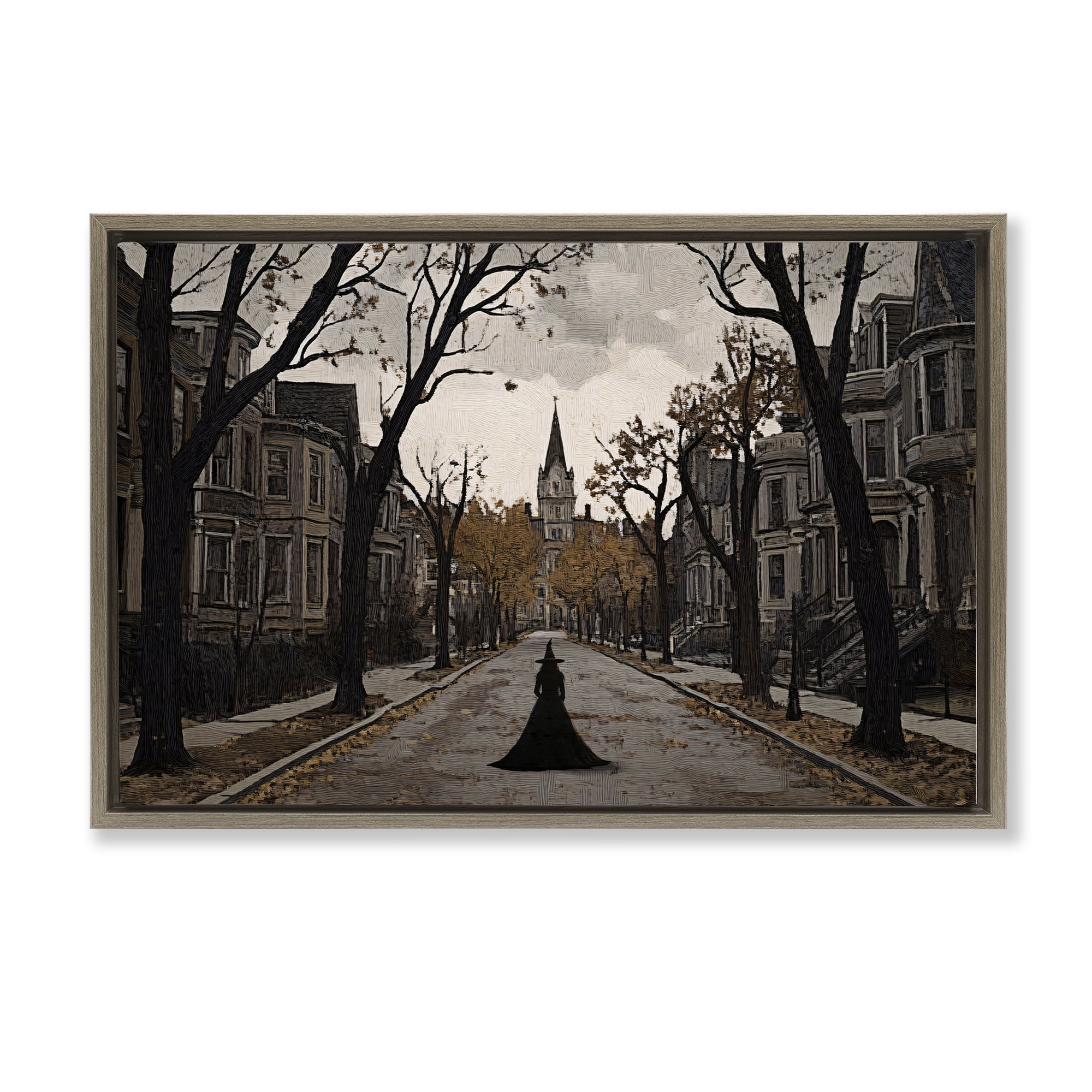 Stupell Industries Witch Strolling Town Streets Brown Framed Floater Canvas Wall Art, design by Jacky Ngan