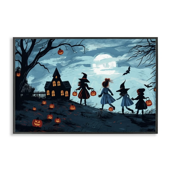 Stupell Industries Witch Trick Or Treaters People Painting Black Framed Art Print Wall Art, 18 x 12