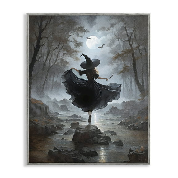 Stupell Industries Witch in Moonlit Forest People Painting Gray Framed Art Print Wall Art, 11 x 14