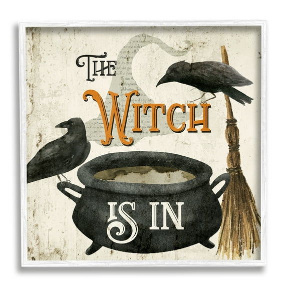 Stupell Industries Witch is In Phrase Cauldron Holiday Painting White Framed Art Print Wall Art, 17 x 17