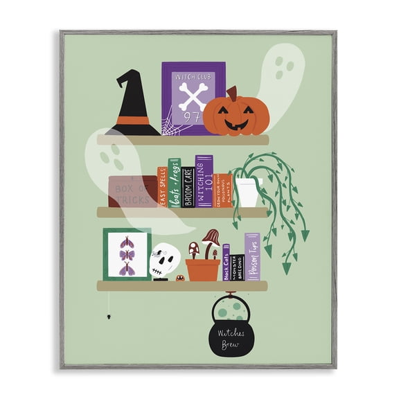 Stupell Industries Witchy Halloween Bookshelf Holiday Painting Gray Framed Art Print Wall Art, 24 x 30