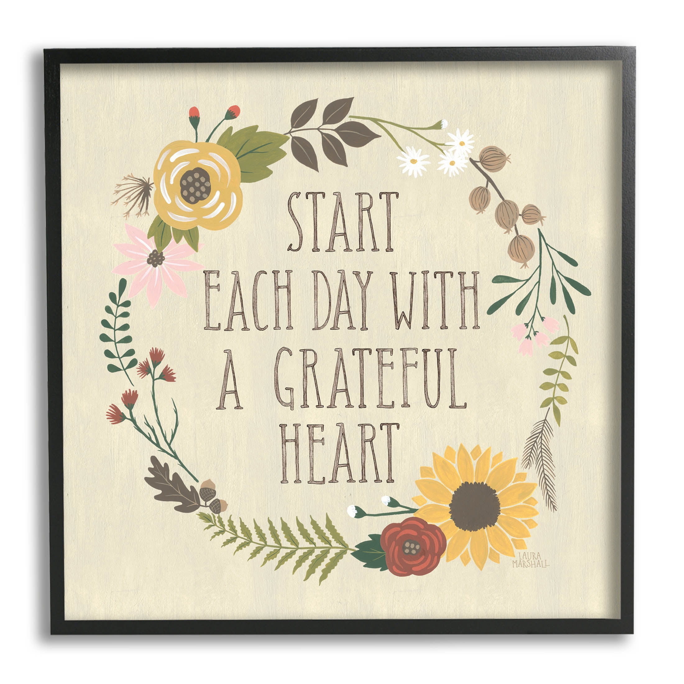 Stupell Industries With A Grateful Heart Flowers Graphic Art Black Framed Art Print Wall Art, Design by Laura Marshall