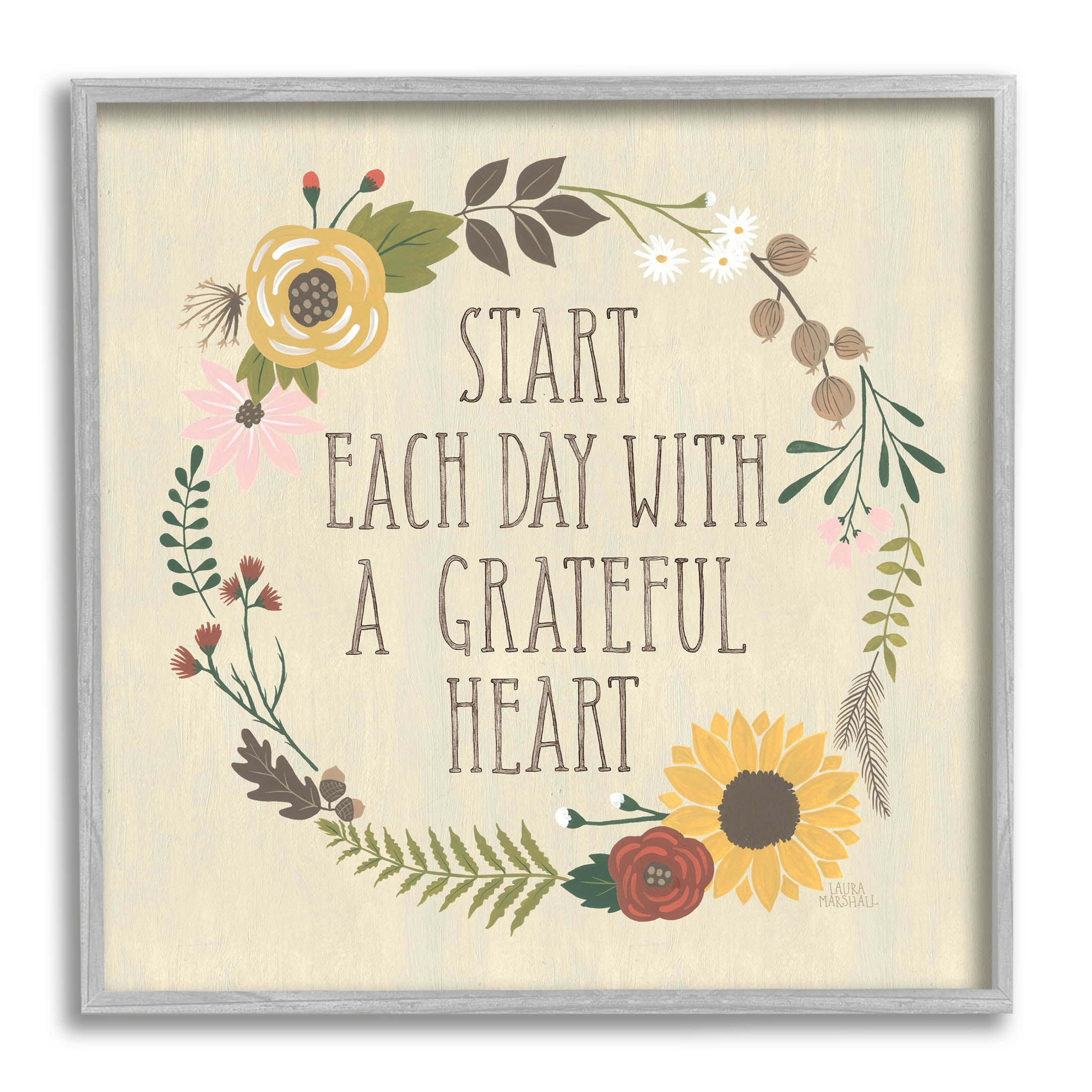 Stupell Industries With A Grateful Heart Flowers Graphic Art Gray Framed Art Print Wall Art, Design by Laura Marshall