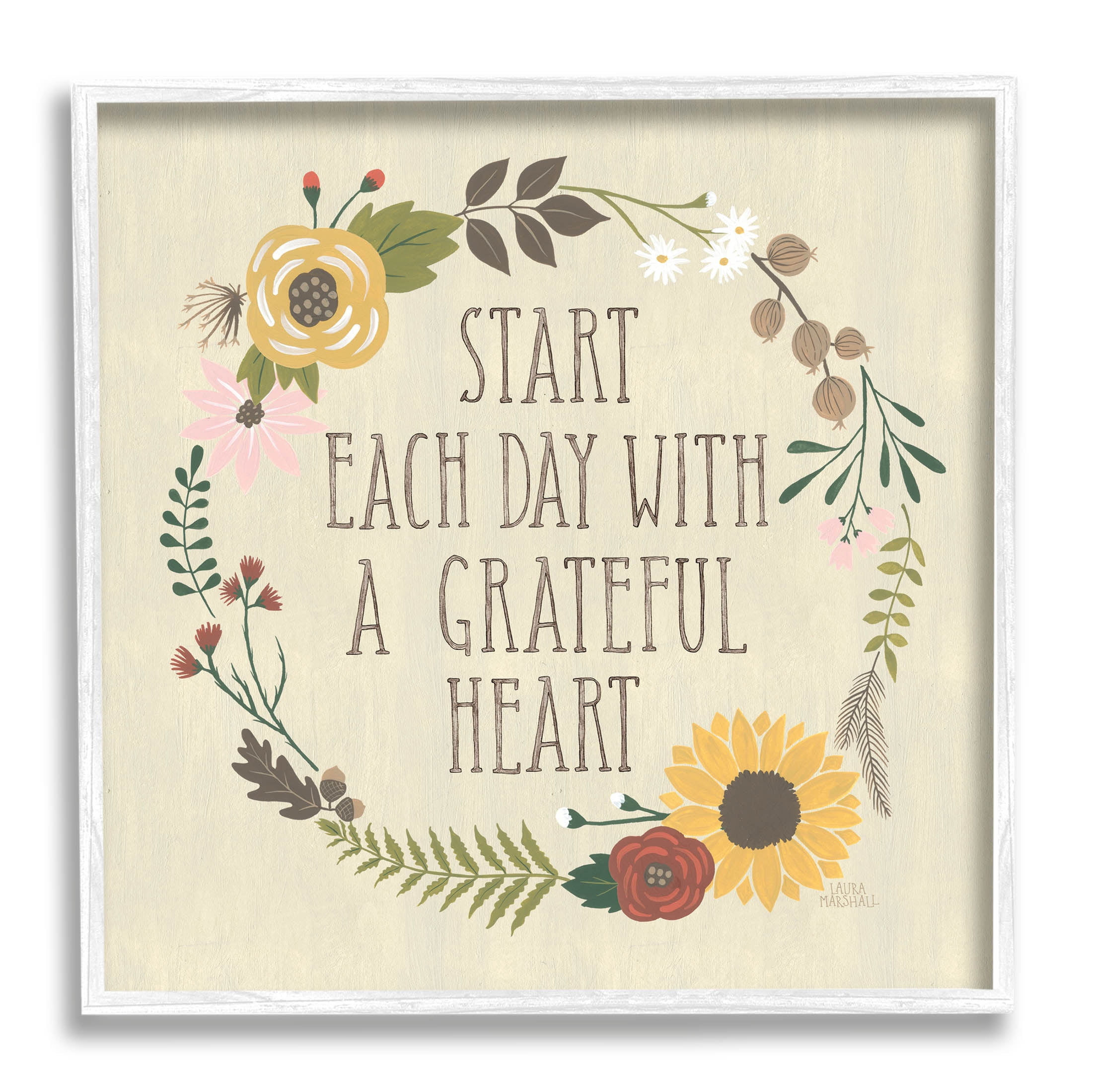 Stupell Industries With A Grateful Heart Flowers Graphic Art White Framed Art Print Wall Art, Design by Laura Marshall