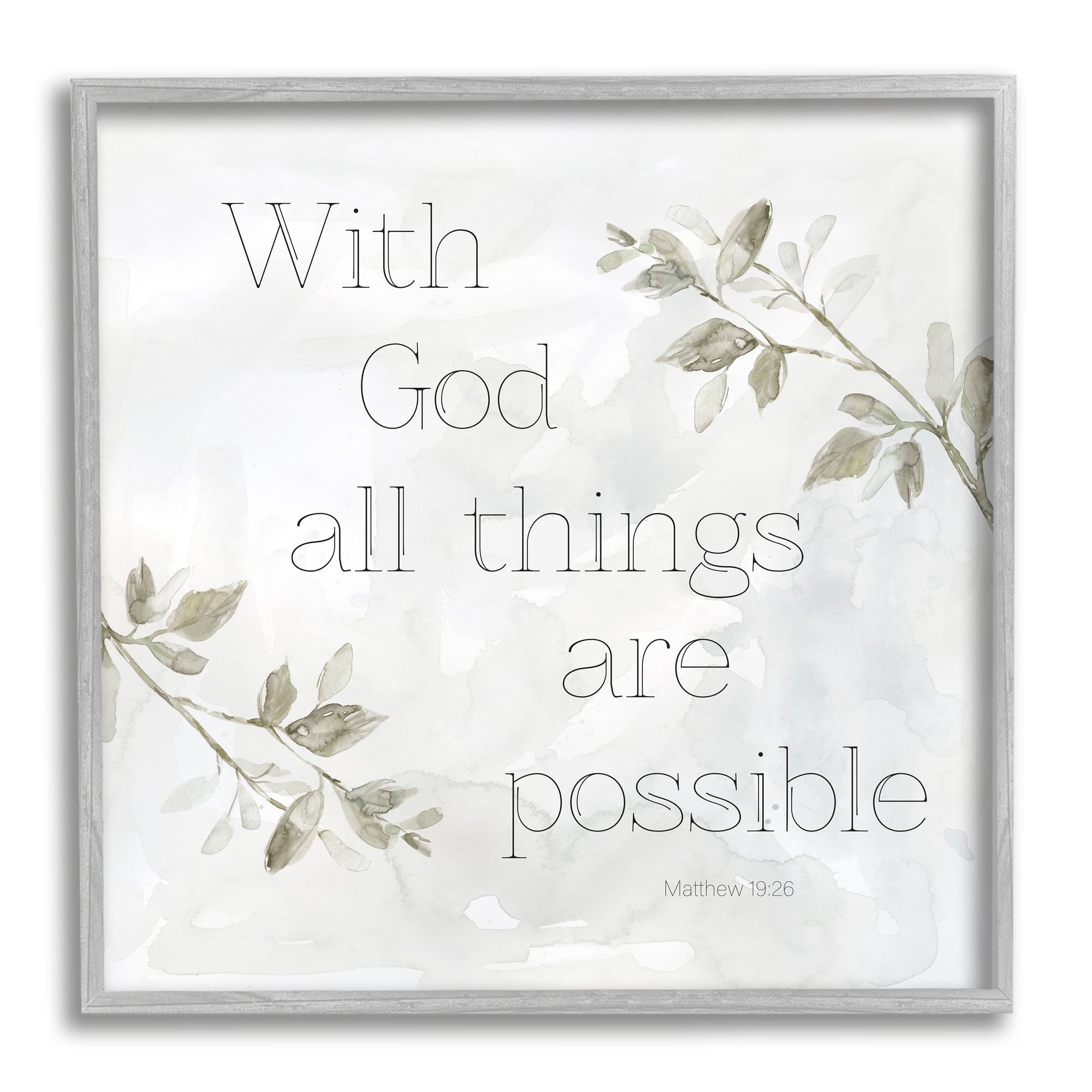 Stupell Industries With God All Things Possible Floral Sprig Religious Phrase Graphic Art Gray Framed Art Print Wall Art, Design by Carol Robinson