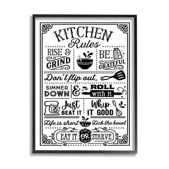 Stupell Industries Witty Kitchen Rules Vintage Border Motif Typography Graphic Art Black Framed Art Print Wall Art, Design by Lettered and Lined