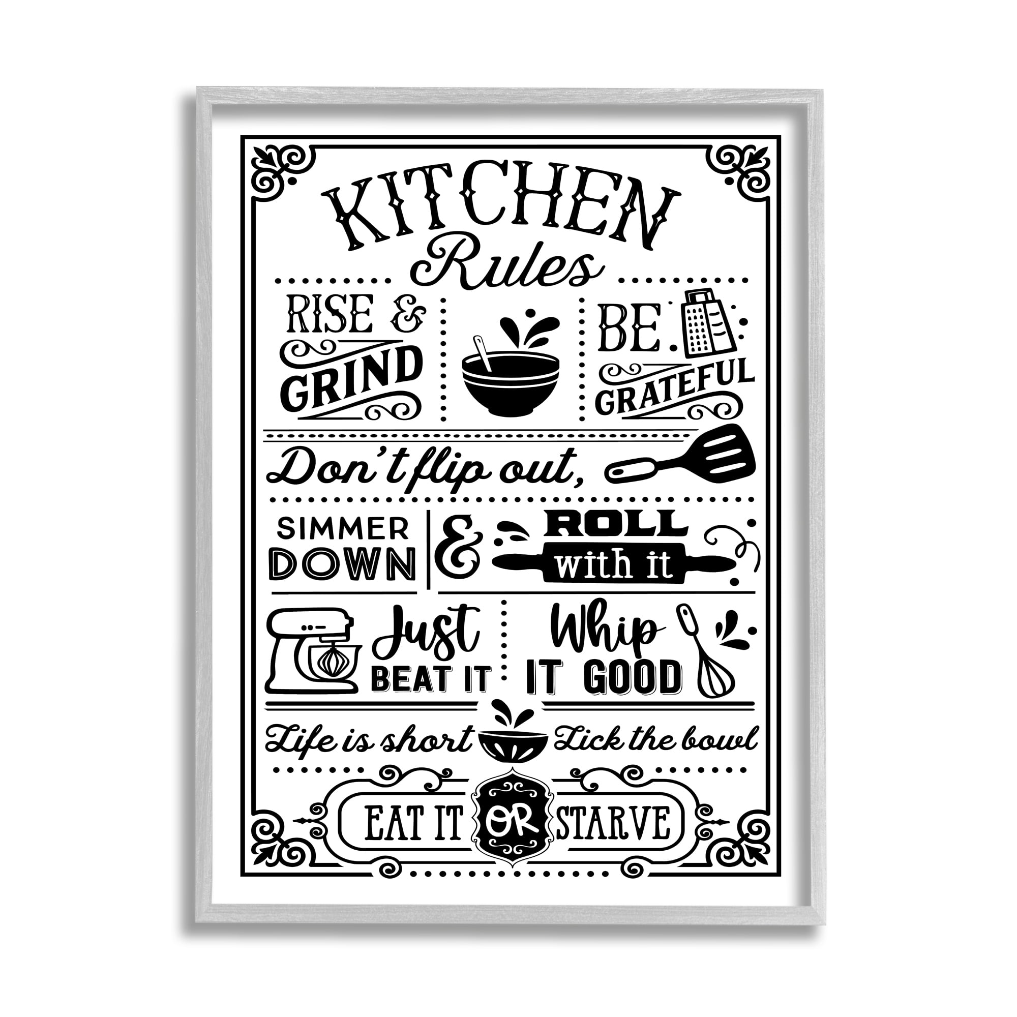 Stupell Industries Witty Kitchen Rules Vintage Border Motif Typography Graphic Art Gray Framed Art Print Wall Art, Design by Lettered and Lined