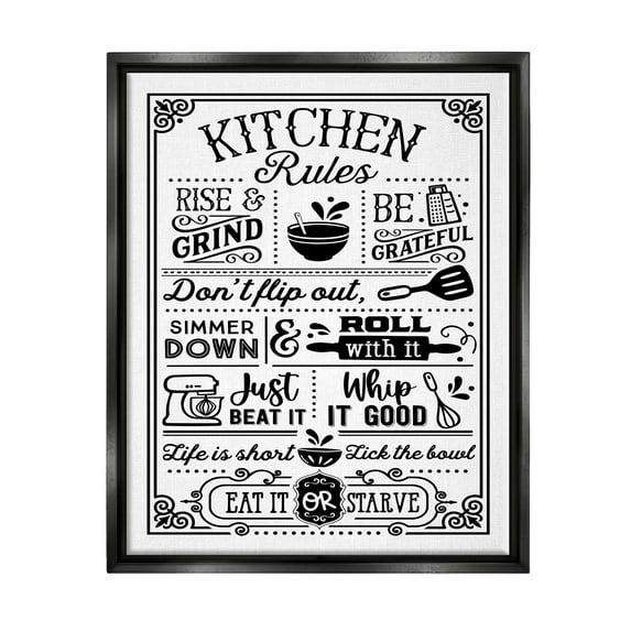 Stupell Industries Witty Kitchen Rules Vintage Border Motif Typography Graphic Art Jet Black Floating Framed Canvas Print Wall Art, Design by Lettered and Lined