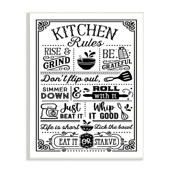 Stupell Industries Witty Kitchen Rules Vintage Border Motif Typography Graphic Art Unframed Art Print Wall Art, Design by Lettered and Lined