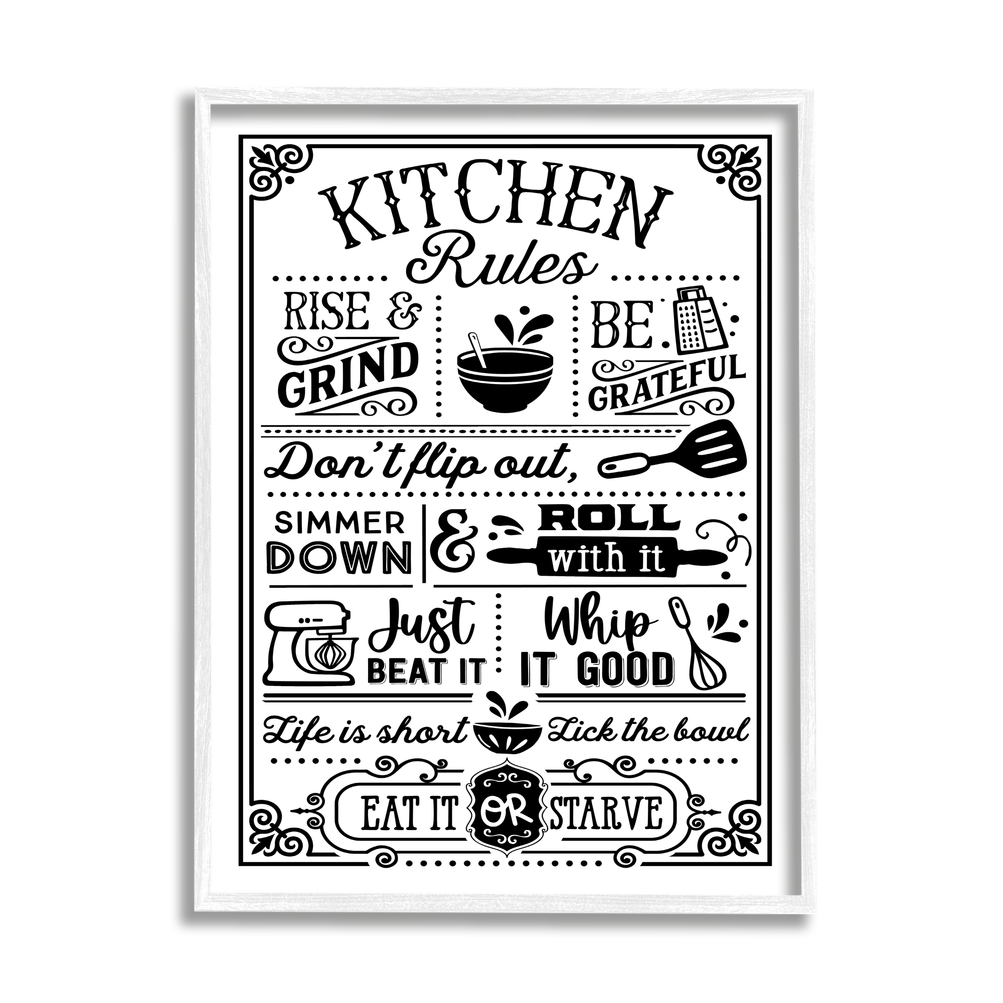 Stupell Industries Witty Kitchen Rules Vintage Border Motif Typography Graphic Art White Framed Art Print Wall Art, Design by Lettered and Lined