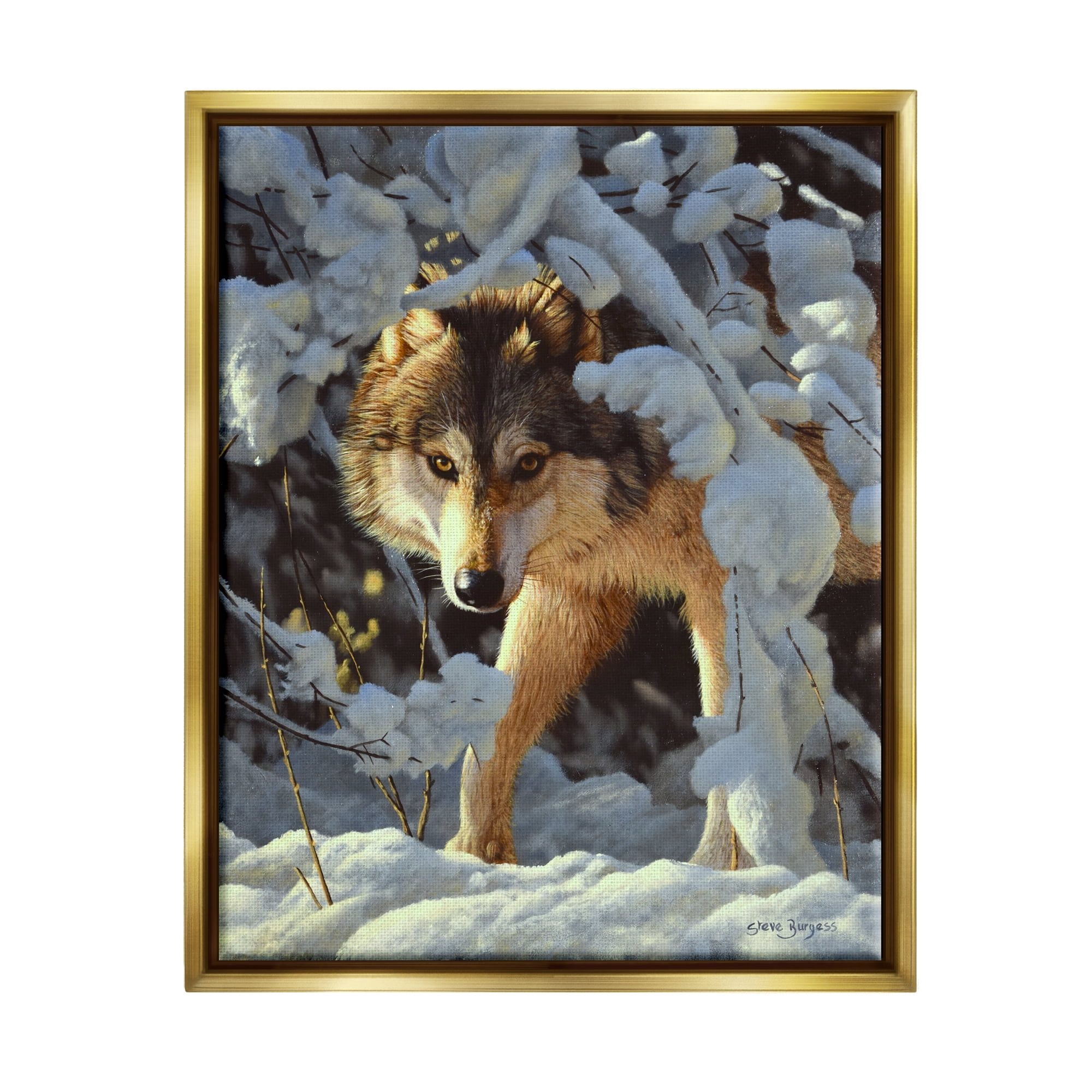 Stupell Industries Wolf Among Snowy Branches Animals & Insects Photography Gold Floater Framed Art Print Wall Art, 17 x 21