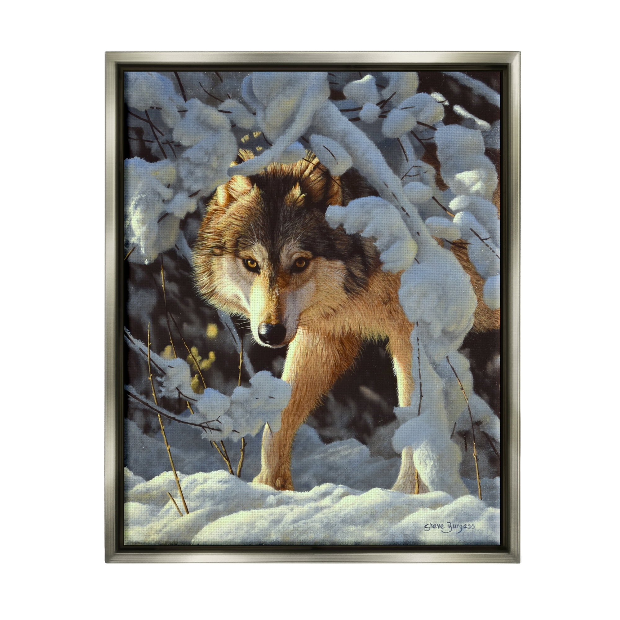 Stupell Industries Wolf Among Snowy Branches Animals & Insects Photography Gray Floater Framed Art Print Wall Art, 25 x 31
