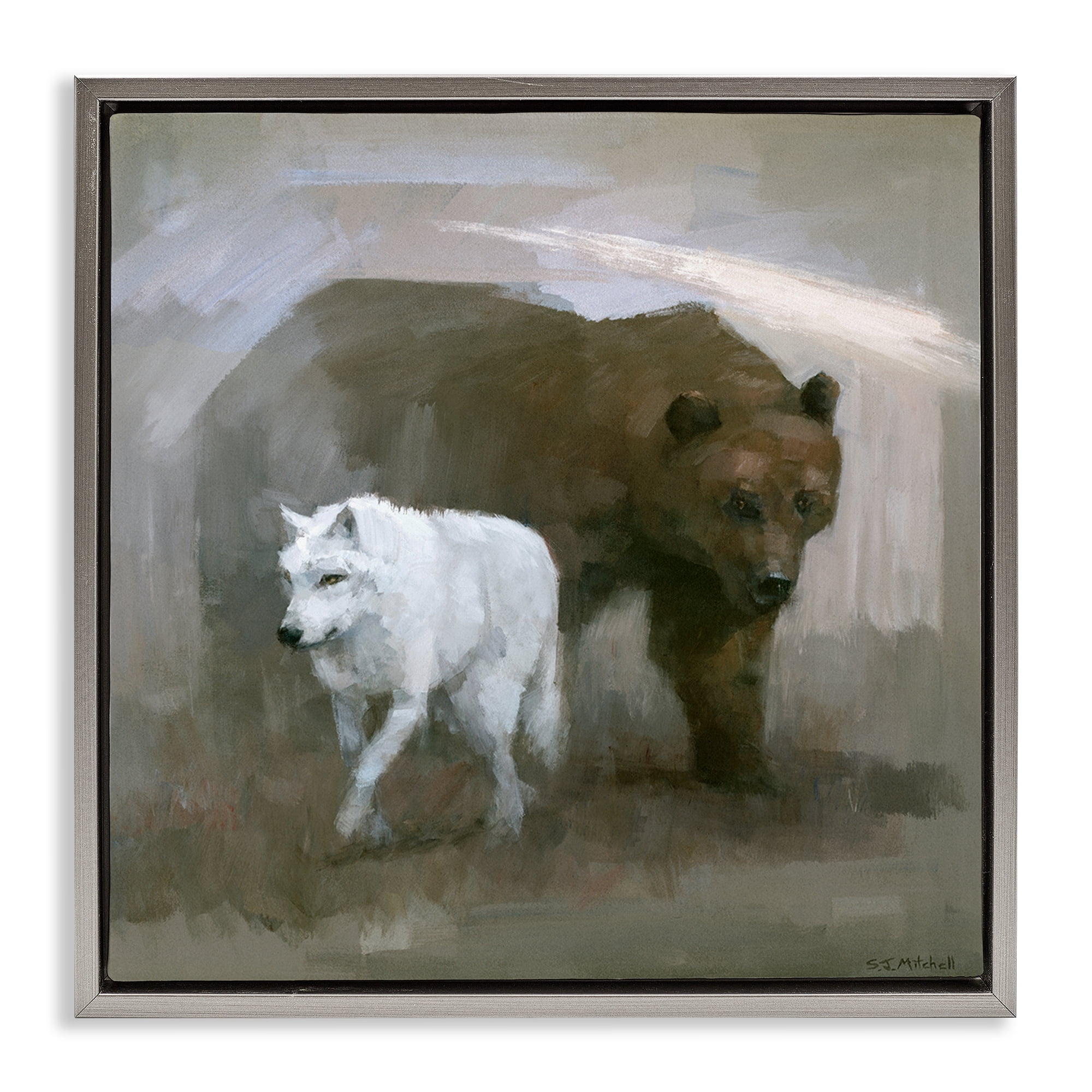 Stupell Industries Wolf & Bear Impression Animals Painting Gray Floater Framed Canvas Art Print Wall Art, 18 x 18