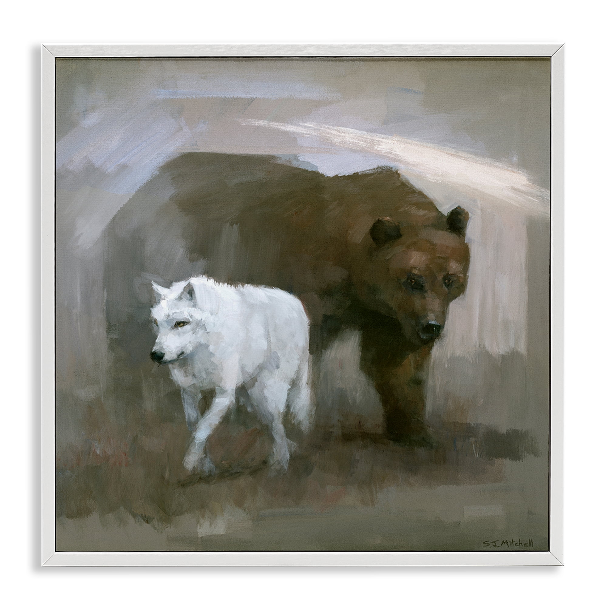 Stupell Industries Wolf & Bear Impression Animals Painting White Framed Art Print Wall Art, 24 x 24