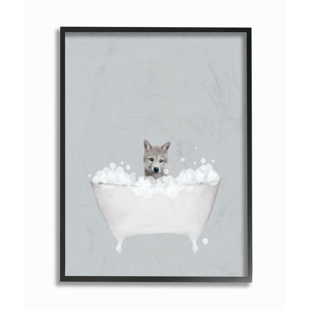 Stupell Industries Wolf Blue Bath Cute Animal Design Graphic Art Black Framed Art Print Wall Art, 24x30, by Leah Straatsma