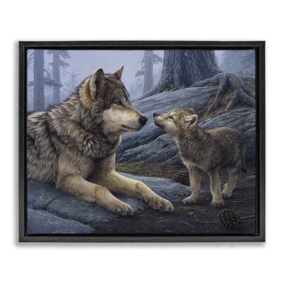 Stupell Industries Rustic Lodge Wolf & Cub Woodland Forest Black Floating Frame Canvas Art, 31 x 25, by Daniel Smith
