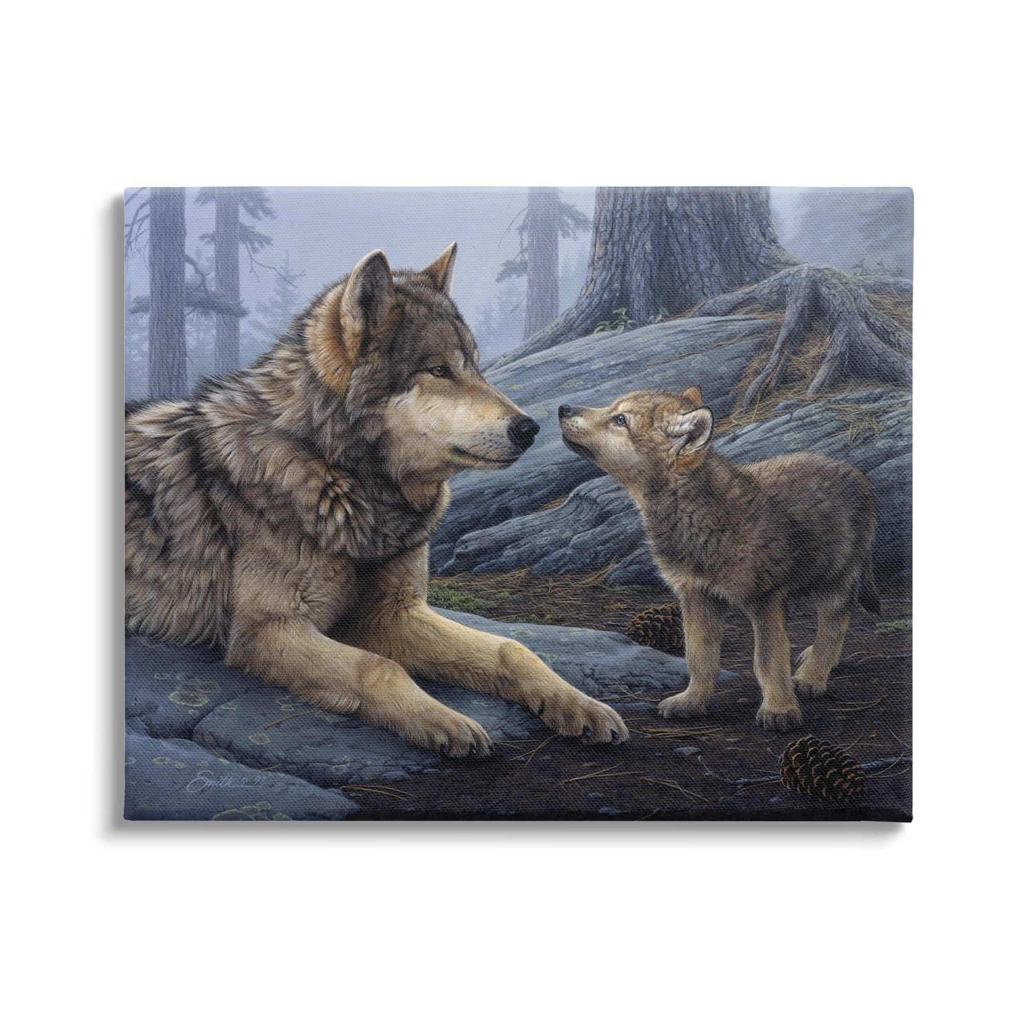 Wolf and Cub Woodland Forest Landscape Canvas Wall Art