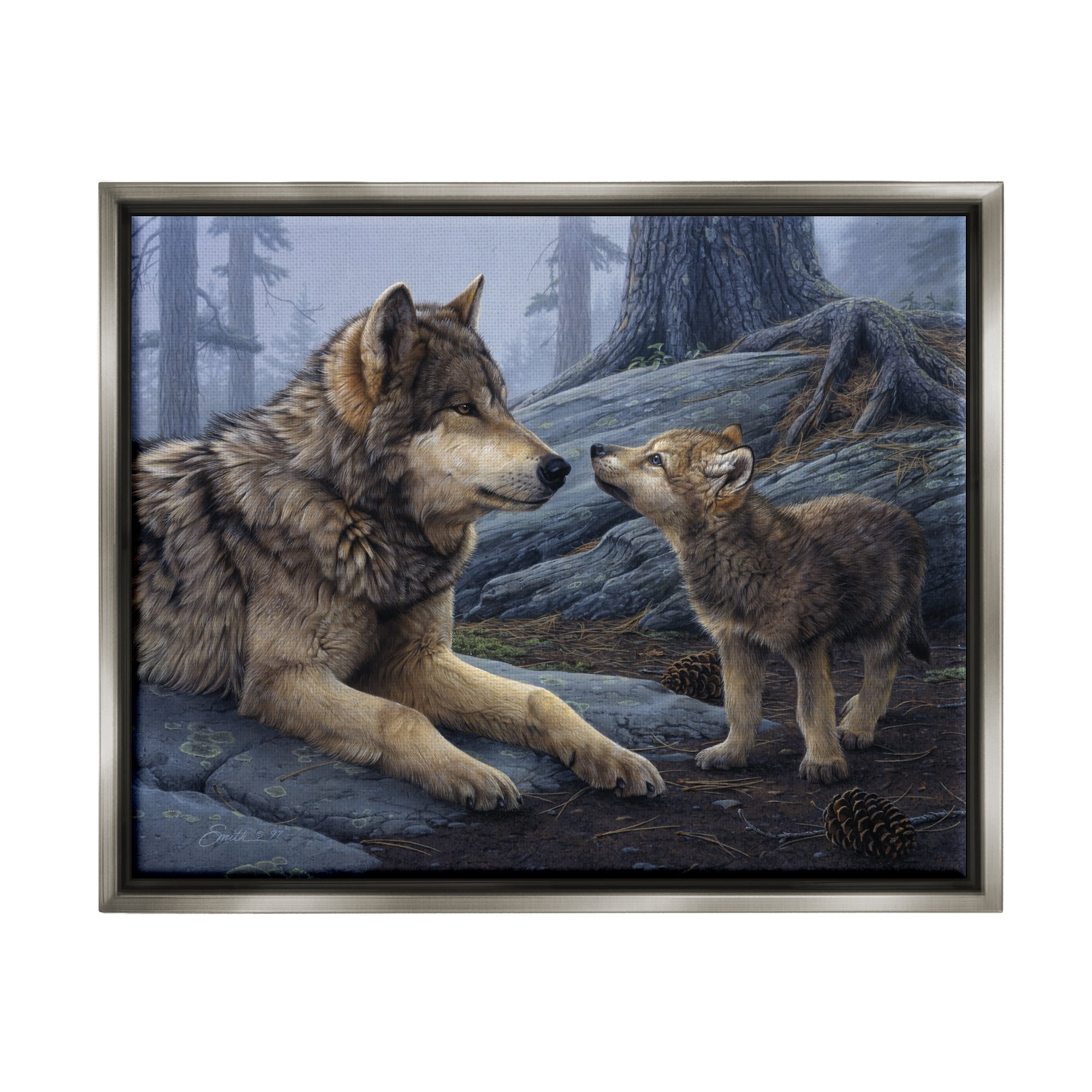 Stupell Industries Wolf & Cub Woodland Forest Animals & Insects Painting Gray Floater Framed Art Print Wall Art