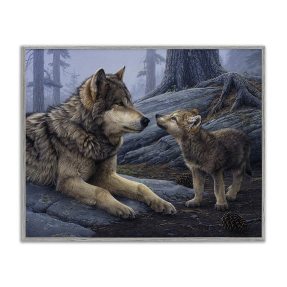 Stupell Industries Rustic Lodge Wolf & Cub Woodland Forest Gray Framed Giclee Art, 14 x 11, by Daniel Smith